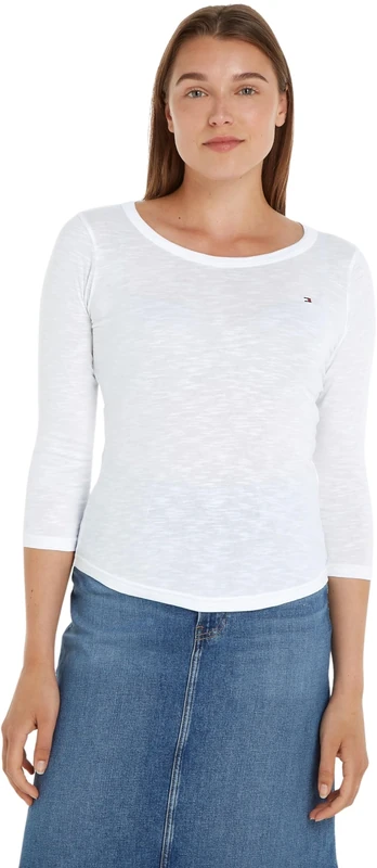 Tommy Hilfiger Women 1985 Slim Slub Open-Nk 3/4 SLV L/S Knit Tops, White, XXS