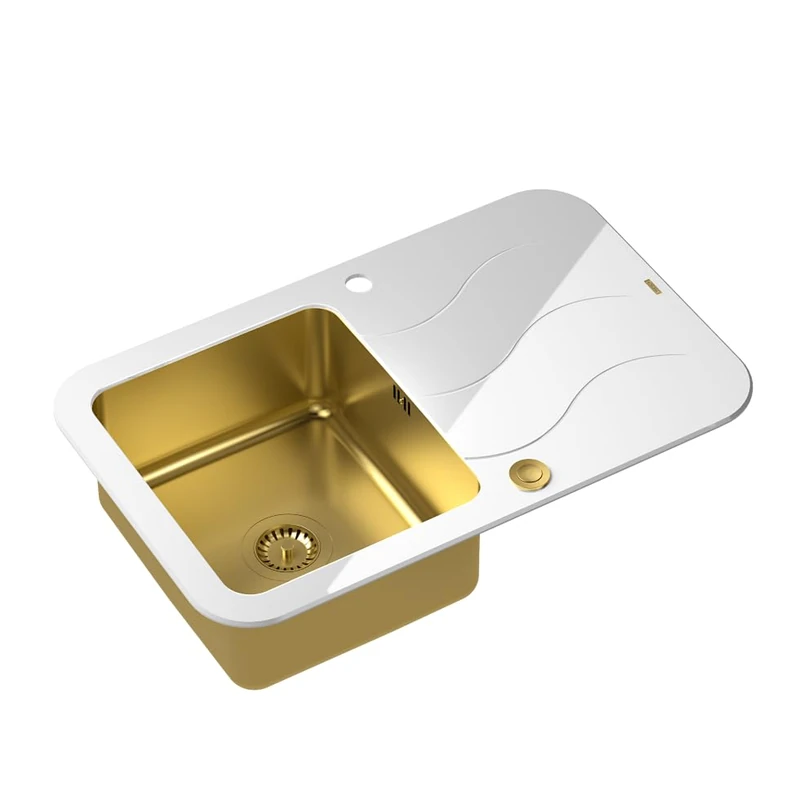 QUADRON Glass Kitchen Sink, Size 78 x 50 x 19 cm, Colour: PVD-Golden Glen 211 Tempered Glass Single Bowl Sink, Stainless Steel Sink
