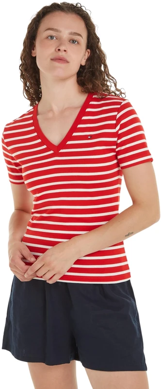 Tommy Hilfiger Women Short-Sleeve T-Shirt New Slim Cody V-Neck, Multicolor (Breton Fierce Red/Ecru), XXS