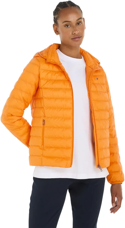 Tommy Hilfiger Women Jacket Padded Global Stripe for Transition Weather, Orange (Rich Ochre), S