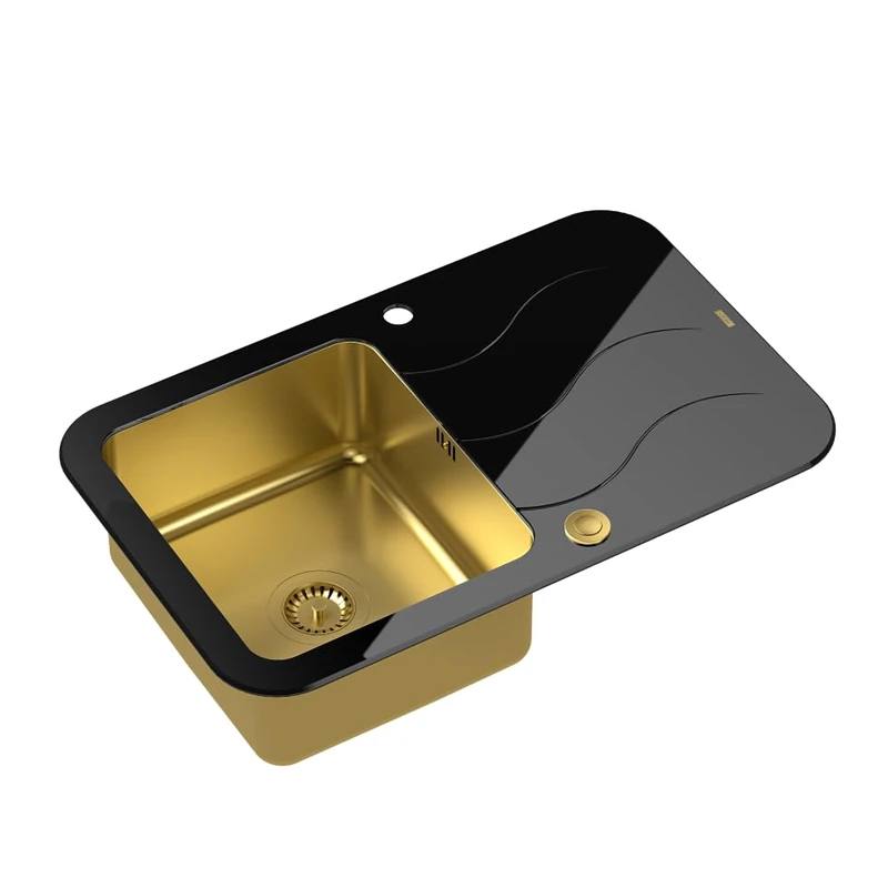 QUADRON Kitchen Sink, Glass Sink, Size 78 x 50 x 19 cm, Colour: Black & Gold, Glen 211 Tempered Glass Single Bowl Sink, Built-in Sink with Tap Hole, Single Bowl, Stainless Steel Sink