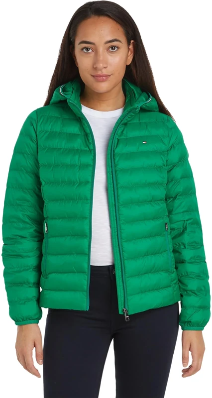 Tommy Hilfiger Women Jacket Padded Global Stripe for Transition Weather, Green (Olympic Green), S