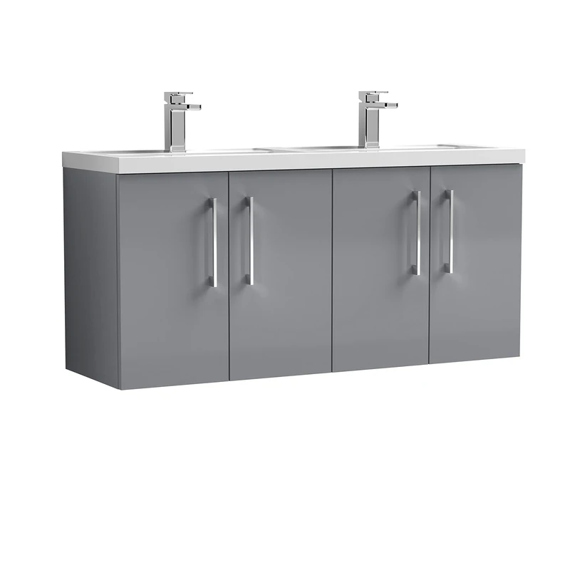 nuie ARN2223C Arno Wall Hung 4 Door Vanity Unit & Double Ceramic Basin, 1200mm, Satin Grey
