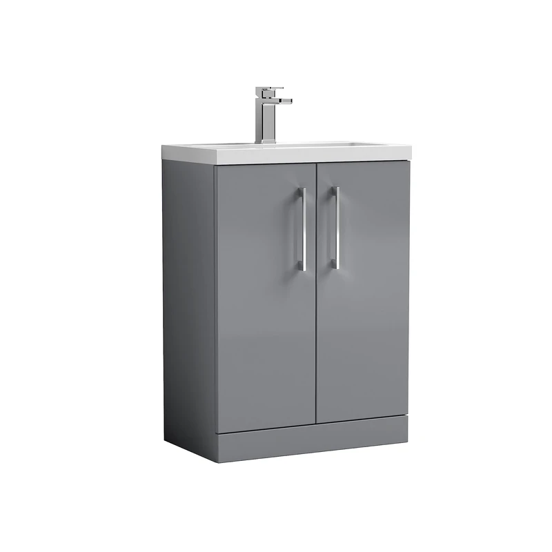 nuie Floor Standing 2 Door Vanity Unit & Polymarble Basin, 600mm, Satin Grey