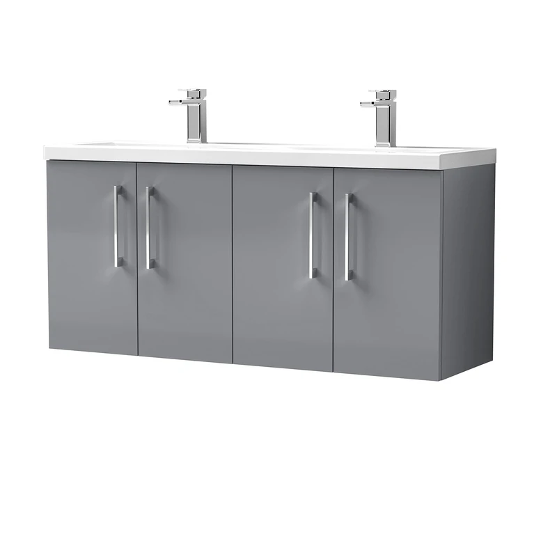 nuie ARN2223F Arno Wall Hung 4 Door Vanity Unit & Double Polymarble Basin, 1200mm, Satin Grey