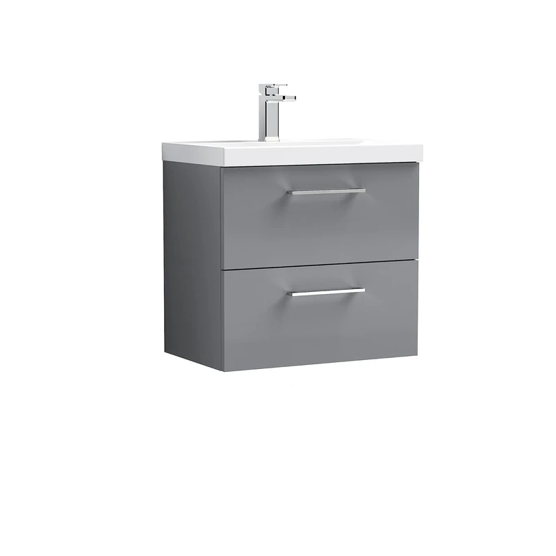 nuie ARN2224A Arno Wall Hung 2 Drawer Vanity Unit & Mid-Edge Ceramic Basin, 600mm, Satin Grey