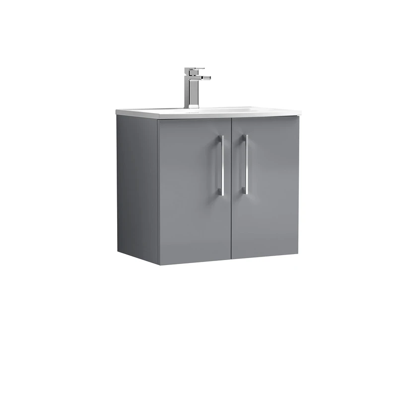 nuie ARN2223G Arno Wall Hung 2 Door Vanity Unit & Curved Ceramic Basin, 600mm, Satin Grey