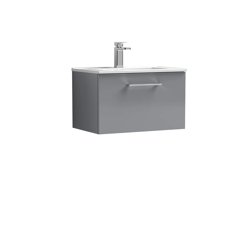 nuie ARN2222B Arno Wall Hung 1 Drawer Vanity Unit & Minimalist Ceramic Basin, 600mm, Satin Grey
