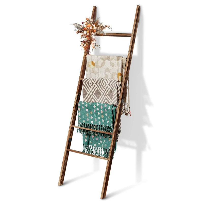 6-Tier Blanket Ladder Wooden, 5.7FT(66.5'') Blanket Quilt Towel Holder Rack Decorative Ladder, Easy Assembly, Rustic Farmhouse Ladder Shelf for The Living Room Bedroom Bathroom Home Decor, Brown - Image 1