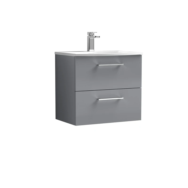 nuie ARN2224G Arno Wall Hung 2 Drawer Vanity Unit & Curved Ceramic Basin, 600mm, Satin Grey