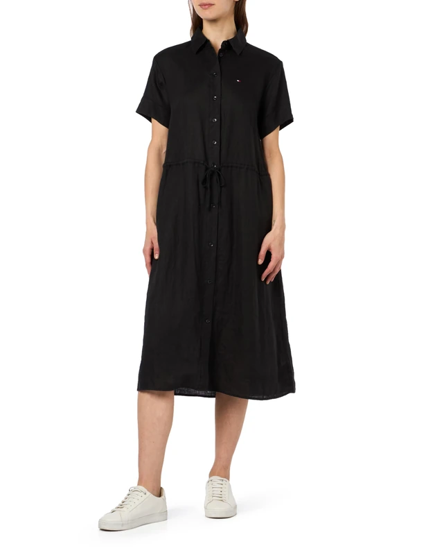 Tommy Hilfiger Women's Linen SS MIDI Shirt Dress Black 34