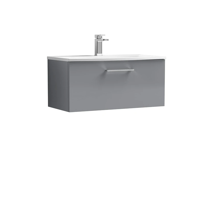 nuie ARN2225G Arno Wall Hung 1 Drawer Vanity Unit & Curved Ceramic Basin, 800mm, Satin Grey