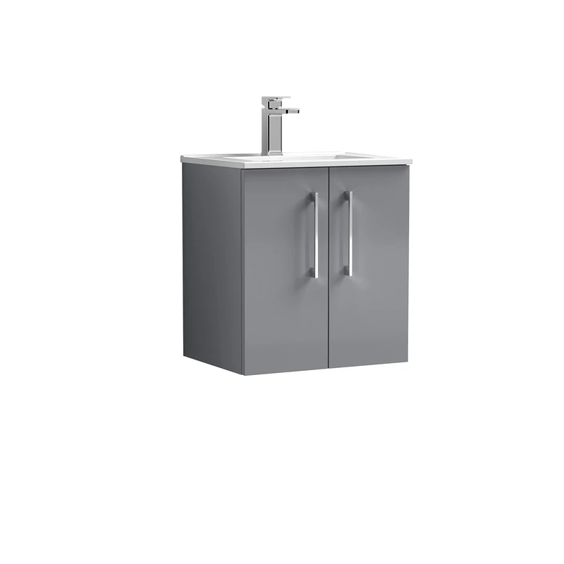 nuie ARN2221B Arno Wall Hung 2 Door Vanity Unit & Minimalist Ceramic Basin, 500mm, Satin Grey