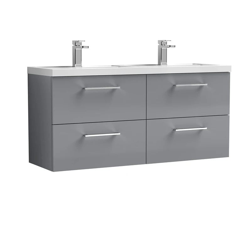 nuie ARN2224C Arno Wall Hung 4 Drawer Vanity Unit & Double Ceramic Basin, 1200mm, Satin Grey