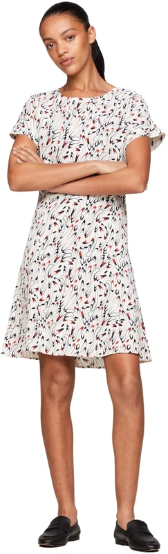 Tommy Hilfiger Women's Small Ribbon F&F SS Short Dress Small Ribbon Print/Ecru 34