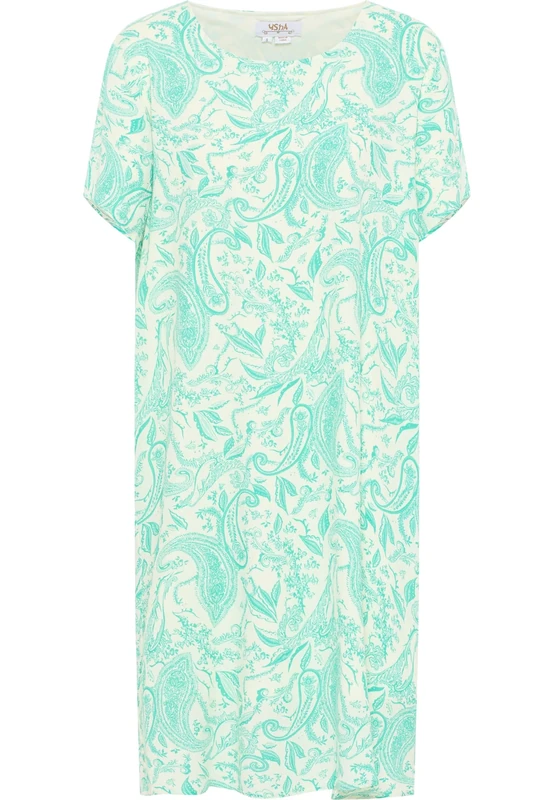 usha FESTIVAL Women's Short Sleeve Dress, Turquoise Wool White, L