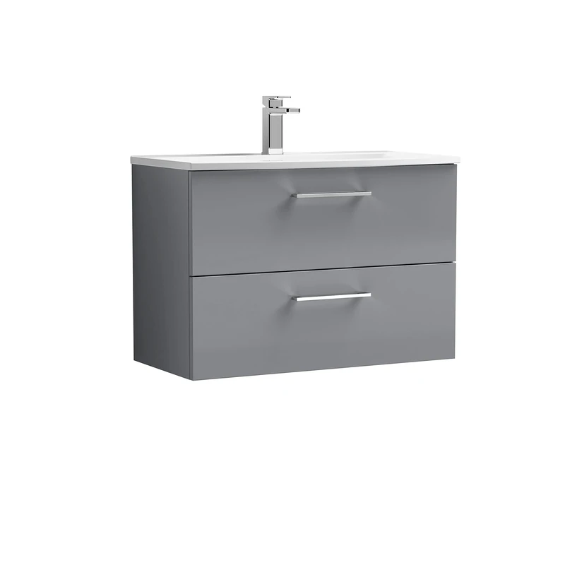 nuie ARN2226G Arno Wall Hung 2 Drawer Vanity Unit & Curved Ceramic Basin, 800mm, Satin Grey