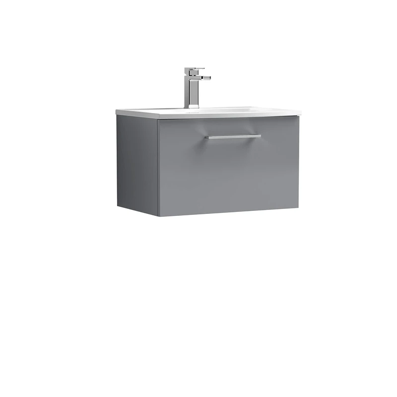 nuie ARN2222G Arno Wall Hung 1 Drawer Vanity Unit & Curved Ceramic Basin, 600mm, Satin Grey
