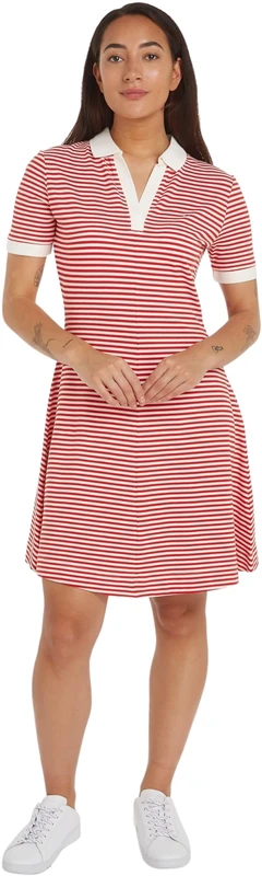 Tommy Hilfiger Women's CRV Open Placket F&f Ly Polo DRS Ww0ww42518 Polo Dresses, Red (Breton Fierce Red/Ecru), 46