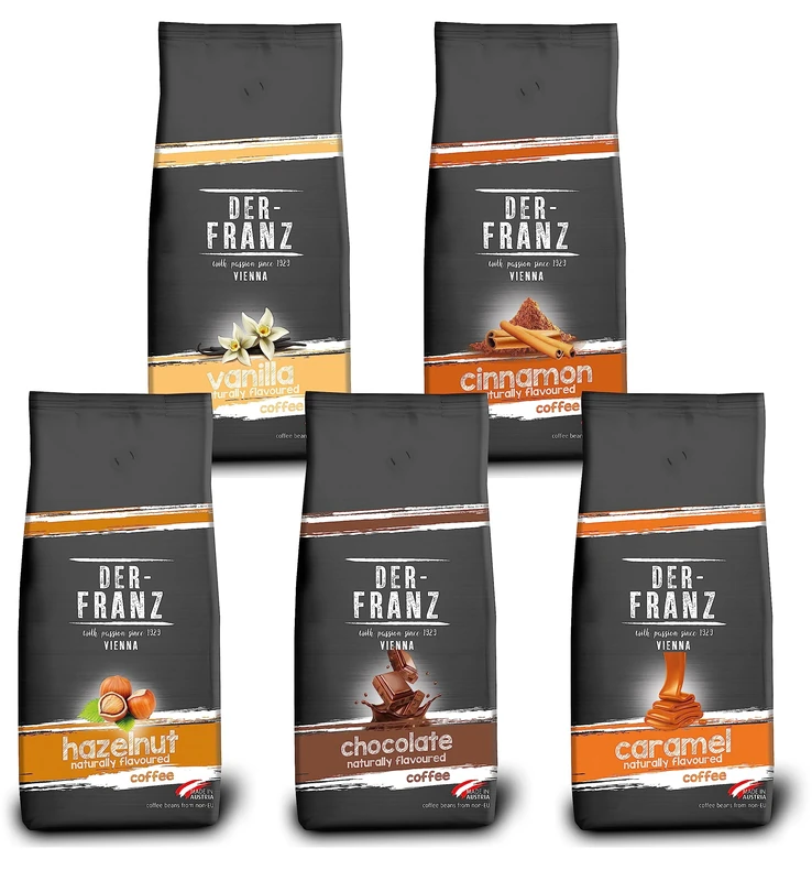 Der-Franz Flavour Coffee Bundle - 1x Hazelnut, 1x Caramel, 1x Vanilla, 1x Chocolate, 1x Cinnamon, Whole bean, 5 x 1000g