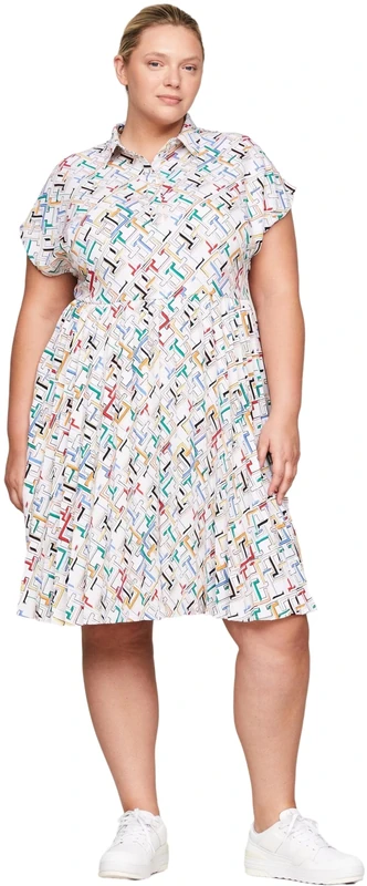 Tommy Hilfiger Women's CRV Fluid Monorama PLTD Polo DRS Ww0ww42510 Fit & Flare Dresses, White (Th Multi Monogram/Calico), 46