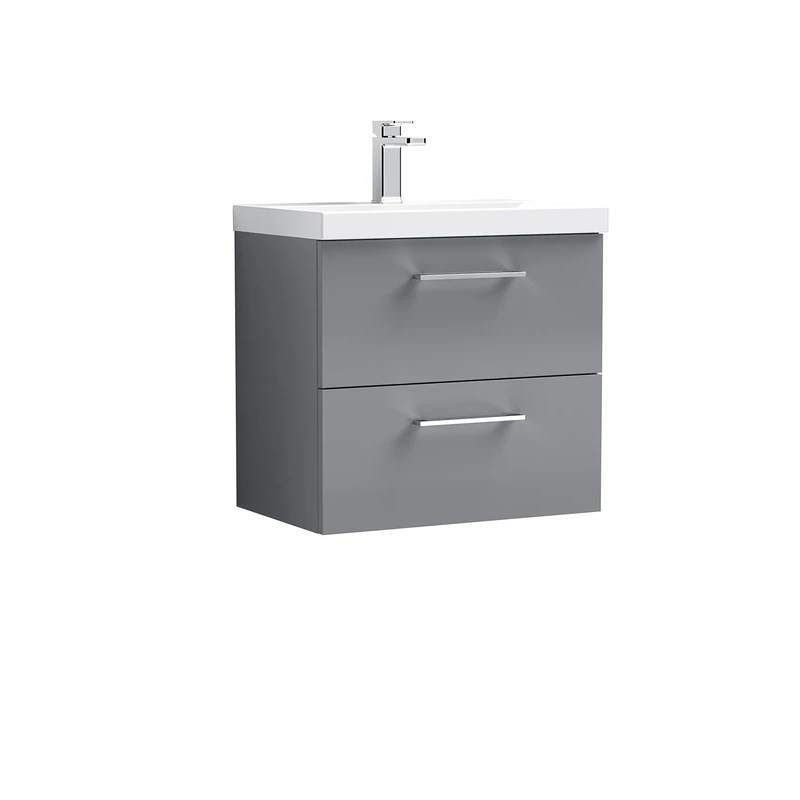 nuie ARN2224D Arno Wall Hung 2 Drawer Vanity Unit & Thin-Edge Ceramic Basin, 600mm, Satin Grey