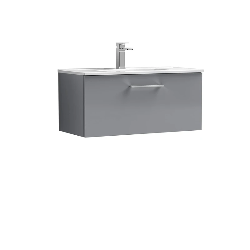 nuie ARN2225B Arno Wall Hung 1 Drawer Vanity Unit & Minimalist Ceramic Basin, 800mm, Satin Grey