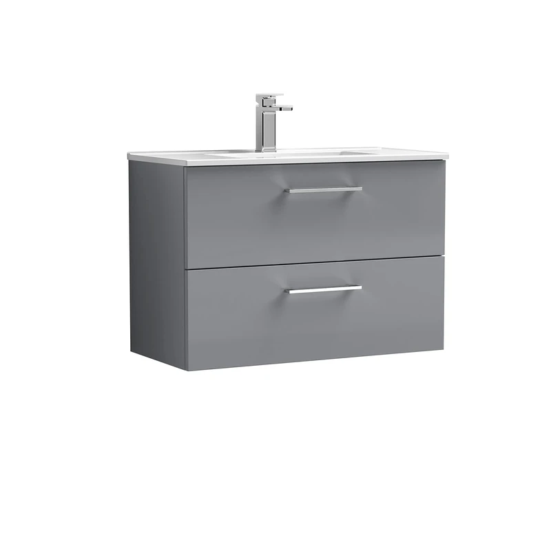 nuie ARN2226B Arno Wall Hung 2 Drawer Vanity Unit & Minimalist Ceramic Basin, 800mm, Satin Grey