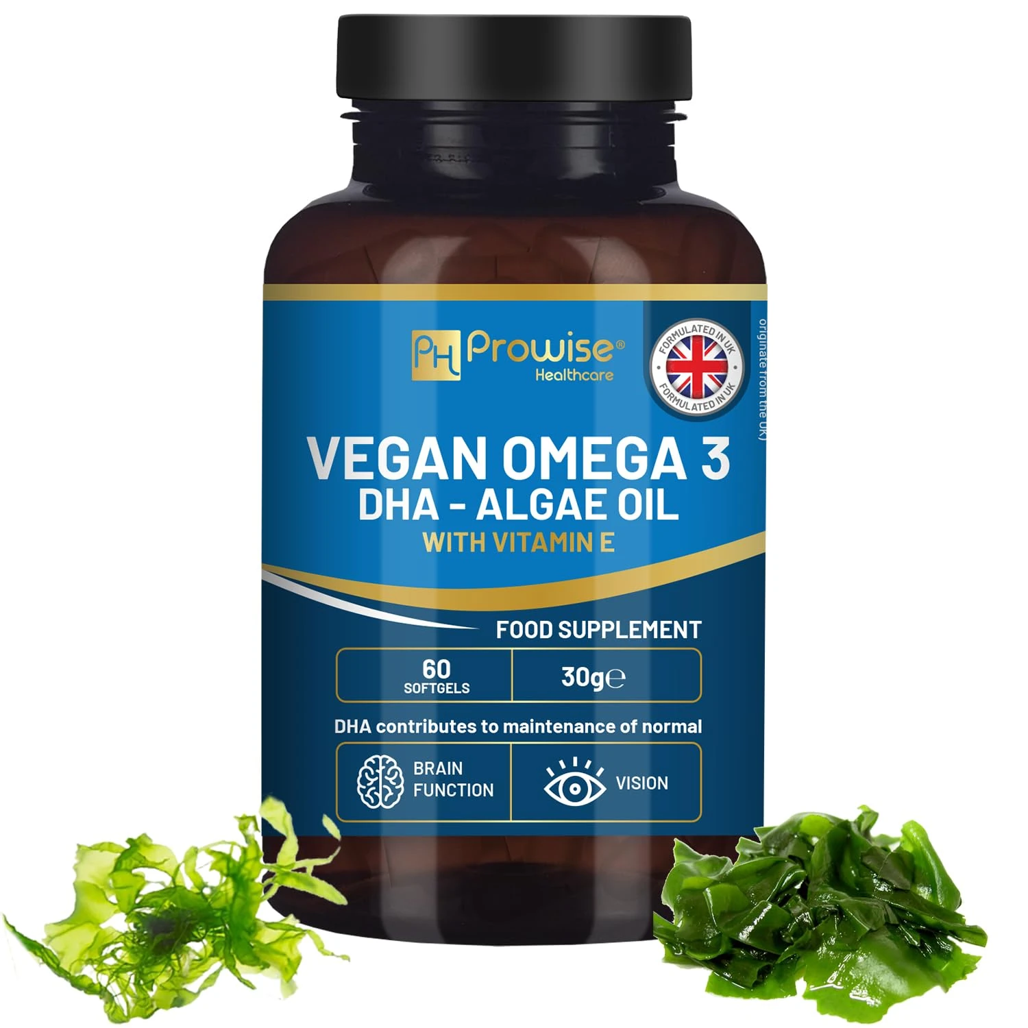 Prowise Vegan Omega-3 DHA from Algae Oil | 60 Softgels with Vitamin E | 400mg DHA + 10mg Vitamin E | 100% Plant-Based | Supports Brain and Eye Health | Pure & Sustainable Sourced