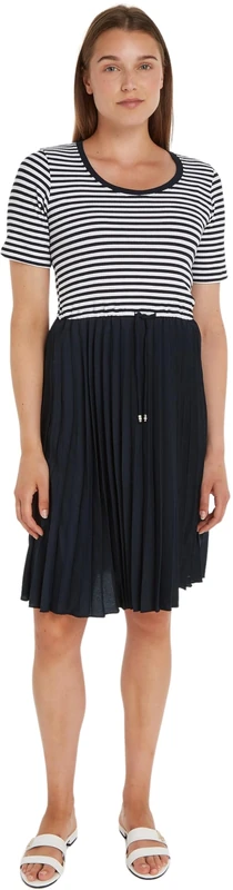 Tommy Hilfiger Women's 5x2 Rib Cnk Pleated Knee DRS Ss Ww0ww42467 Fit & Flare Dresses, White (Mini STP Desert Sky/White), L
