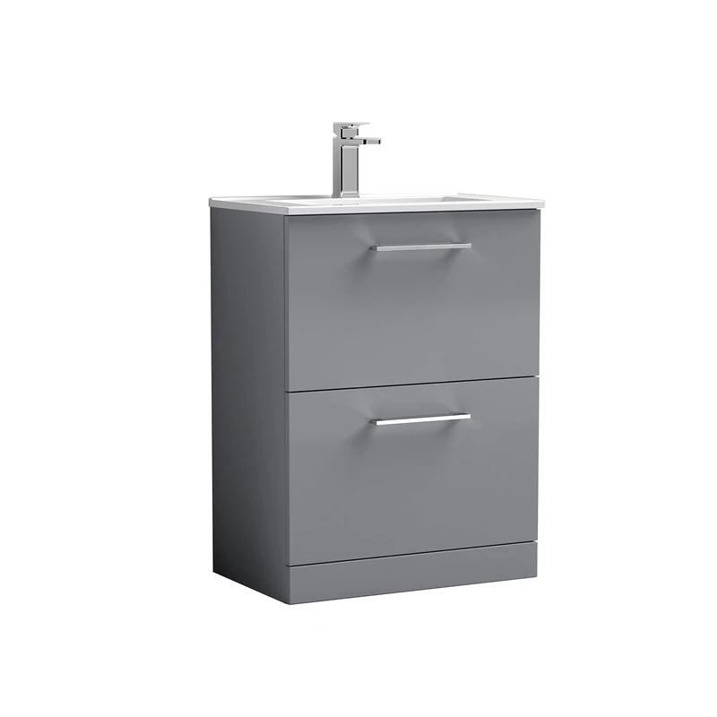nuie ARN2233B Arno Floor Standing 2 Drawer Vanity Unit & Minimalist Ceramic Basin, 600mm, Satin Grey