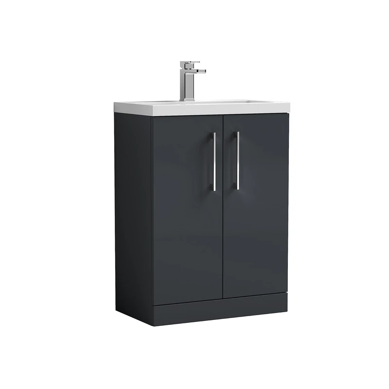 nuie PAL029E Arno Floor Standing 2 Door Vanity Unit & Ceramic Basin, 600mm, Soft Black