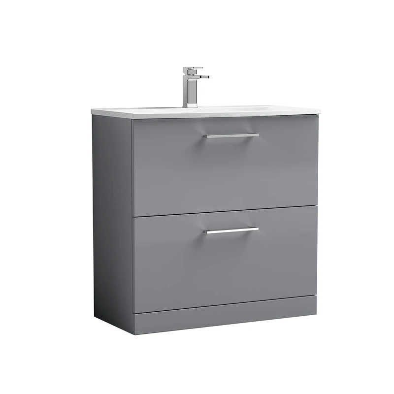 nuie ARN2235G Arno Floor Standing 2 Drawer Vanity Unit & Curved Ceramic Basin, 800mm, Satin Grey