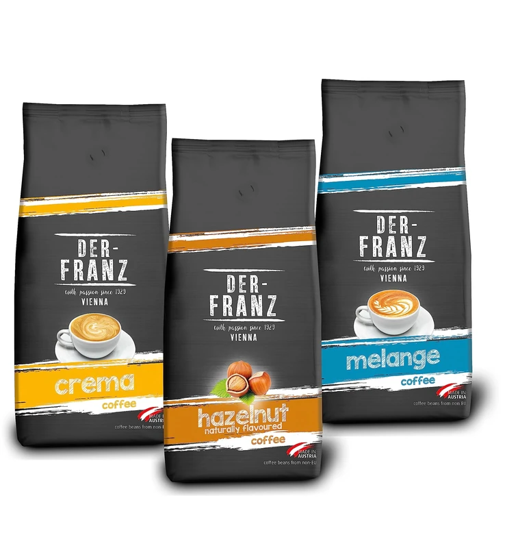 Der-Franz TOP 3 Coffee Bundle - Crema, Melange, Hazelnut, whole bean, 3 x 1000g