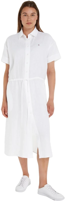 Tommy Hilfiger Women's Linen SS MIDI Shirt Dress Th Optic White 32