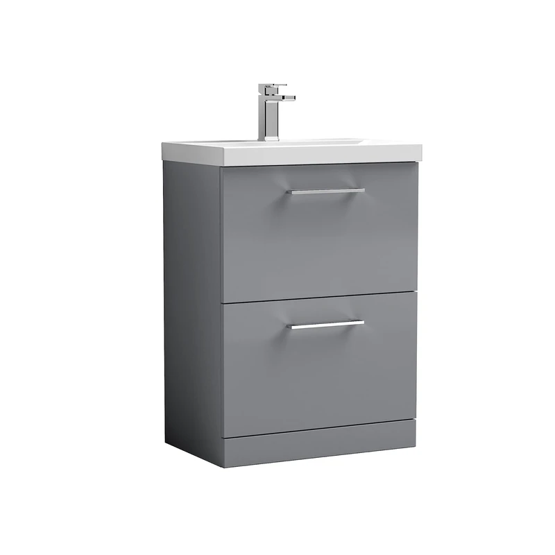 nuie ARN2233A Arno Floor Standing 2 Drawer Vanity Unit & Mid-Edge Ceramic Basin, 600mm, Satin Grey