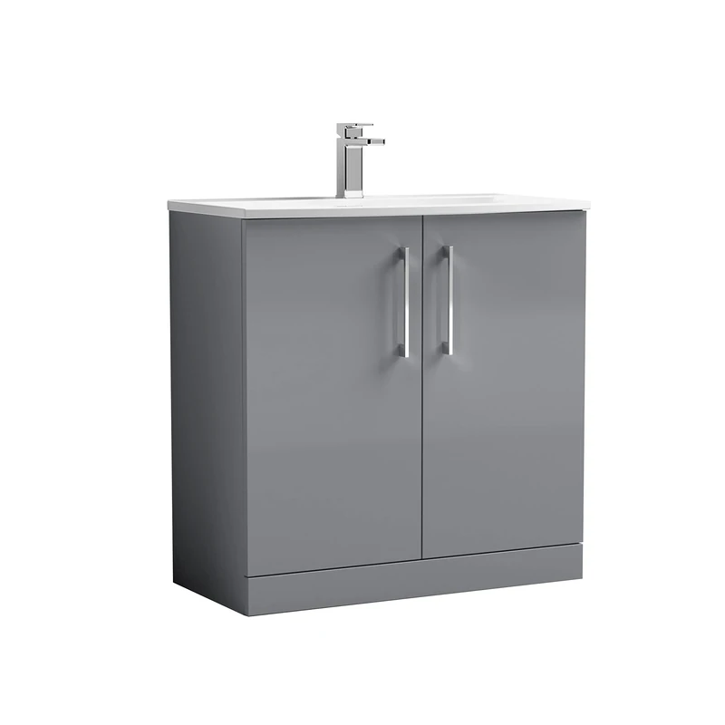 nuie ARN2205G Arno Floor Standing 2 Door Vanity Unit & Curved Ceramic Basin, 800mm, Satin Grey