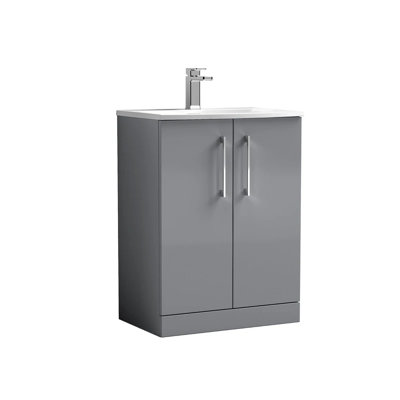nuie ARN2203G Arno Floor Standing 2 Door Vanity Unit & Curved Ceramic Basin, 600mm, Satin Grey
