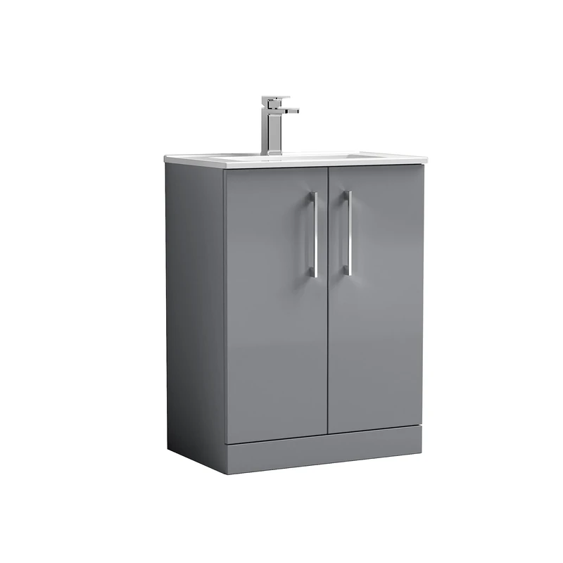 nuie ARN2203B Arno Floor Standing 2 Door Vanity Unit & Minimalist Ceramic Basin, 600mm, Satin Grey