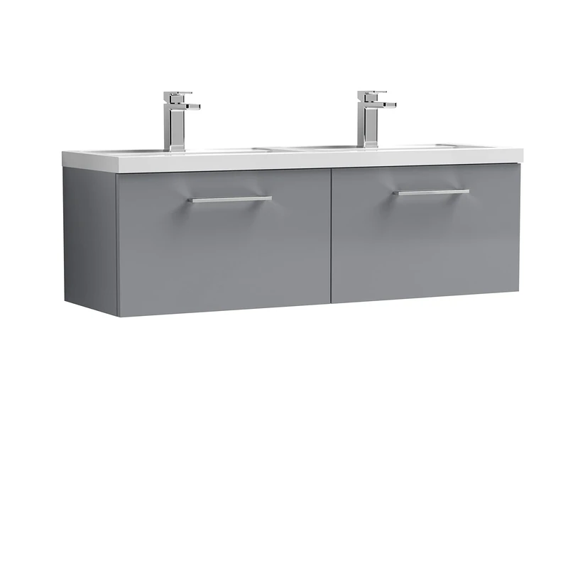 nuie ARN2222C Arno Wall Hung 2 Drawer Vanity Unit & Double Ceramic Basin, 1200mm, Satin Grey