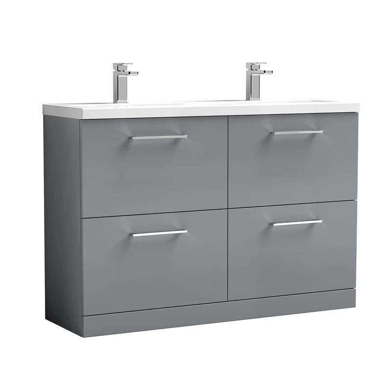nuie ARN2233F Arno Floor Standing 4 Drawer Vanity Unit & Double Ceramic Basin, 1200mm, Satin Grey