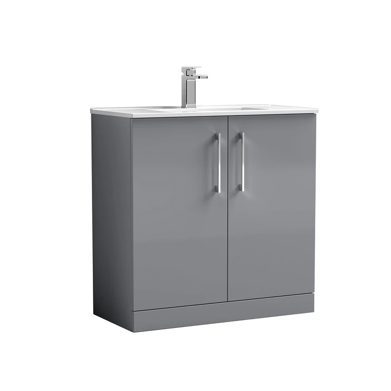 nuie ARN2205B Arno Floor Standing 2 Door Vanity Unit & Minimalist Ceramic Basin, 800mm, Satin Grey