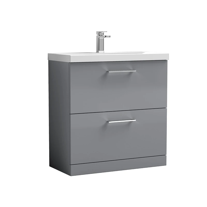 nuie ARN2235A Arno Floor Standing 2 Drawer Vanity Unit & Mid-Edge Ceramic Basin, 800mm, Satin Grey