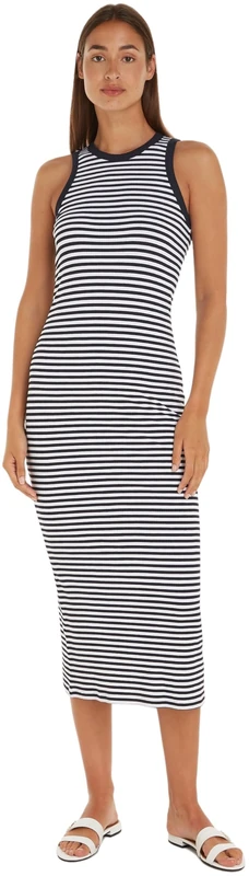 Tommy Hilfiger Women's Slim 5x2 Str Rib Midi Dress Ns Ww0ww41996 Bodycon Dresses, White (Mini STP Desert Sky/White), XL