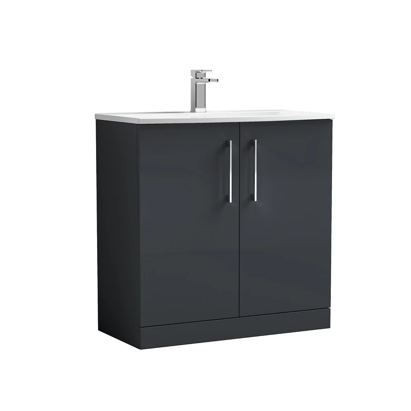 nuie ARN1405G Arno Floor Standing 2 Door Vanity Unit & Curved Ceramic Basin, 800mm, Soft Black
