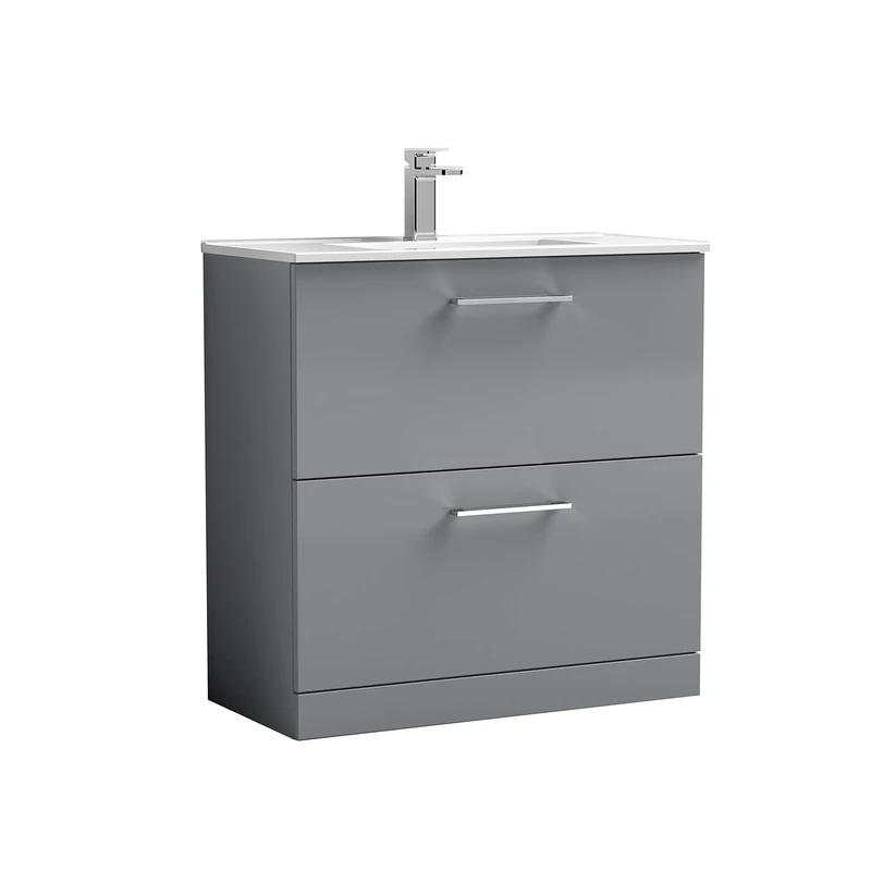 nuie ARN2235B Arno Floor Standing 2 Drawer Vanity Unit & Minimalist Ceramic Basin, 800mm, Satin Grey