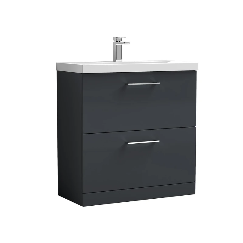 nuie ARN1435A Arno Floor Standing 2 Drawer Vanity Unit & Mid-Edge Ceramic Basin, 800mm, Soft Black