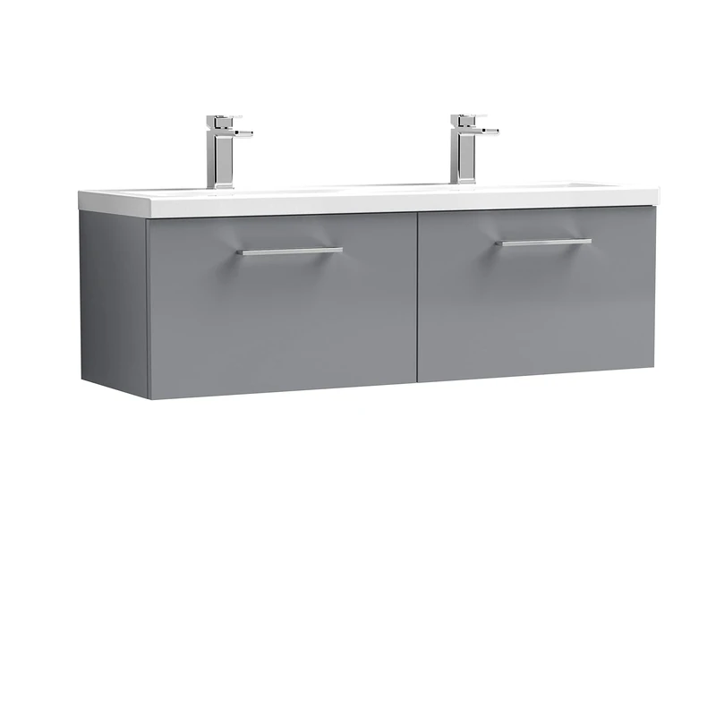 nuie ARN2222F Arno Wall Hung 2 Drawer Vanity Unit & Double Polymarble Basin, 1200mm, Satin Grey