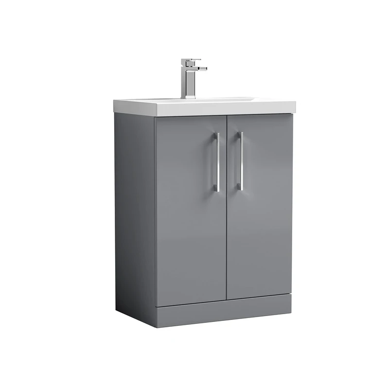 nuie ARN2203A Arno Floor Standing 2 Door Vanity Unit & Mid-Edge Ceramic Basin, 600mm, Satin Grey