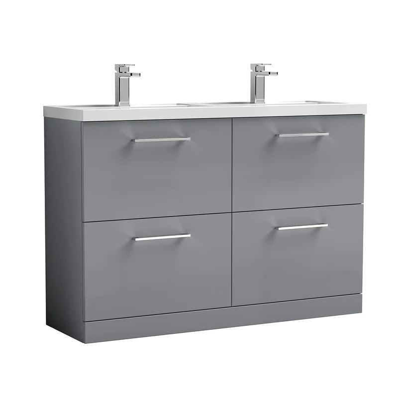 nuie ARN2233C Arno Floor Standing 4 Drawer Vanity Unit & Double Polymarble Basin, 1200mm, Satin Grey